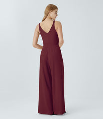 Double Straps V Neck Pocket Wide Leg Casual Jumpsuit