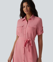 Short Sleeve Belted Midi Casual Linen-Feel Shirt Dress with Pockets