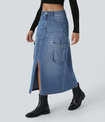 Halara Flex™ Mid Rise Zipper Pockets A Line Denim Maxi Casual Cargo Skirt