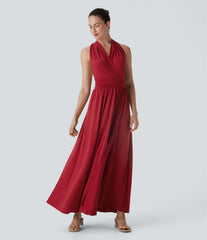 V Neck Short Sleeve Tie Back Maxi Dress with Pocket