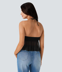 Halter Tie Back Ruched Mesh Ruffle Hem Casual Tank Top