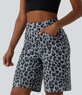 High Waisted Leopard Waffle Casual Baggy Bermuda Shorts 10'' with Pockets