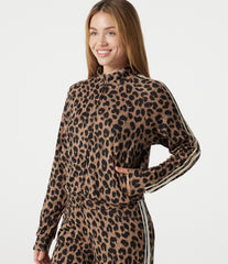 Stand Collar Zipper Long Sleeve Color Block Leopard Print Waffle Casual Jacket with Pockets