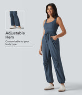U-neck Sleeveless Drawstring Ruched Casual Jumpsuit with Pockets