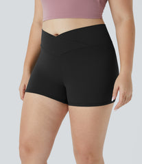 SoftlyZero™ High Waisted Crossover Plain Yoga Plus Size Biker Shorts 3''-UPF50+