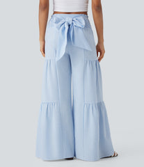 High Waisted Tie Back Shirred Wide Leg Flowy Stripe Casual Pants