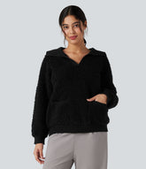Lapel Reglan Long Sleeve Work Sweater with Pockets