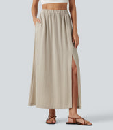 High Waisted Split Hem Maxi Casual Linen-Feel Skirt with Pockets