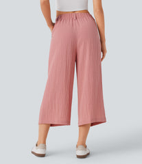 High Waisted Pocket Wide Leg Flowy Solid Palazzo Capri Casual Linen-Feel Pants