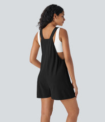 Knot Strap Decorative Pockets Waffle Short Overalls