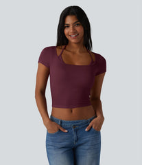 Ribbed Halter Tie Back Built-in Bra Short Sleeve Cropped Casual T-Shirt