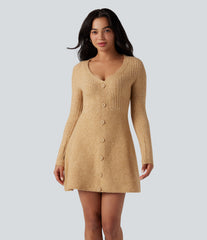 V-neck Long Sleeve Mini Casual Sweater Dress