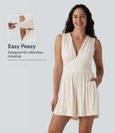 Ribbed V-neck Sleeveless Ruched Built-in Bra 2-in-1 Casual Romper with Pockets-Easy Peezy
