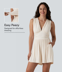 Ribbed V-neck Sleeveless Ruched Built-in Bra 2-in-1 Casual Romper with Pockets-Easy Peezy