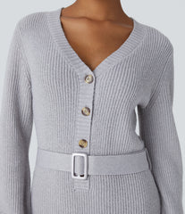 V Neck Front Long Sleeve Belted Mini Casual Sweater Dress