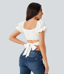 Puff Sleeve Crossover Tie Back Cropped Casual Top