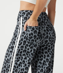 High Waisted Baggy Color Block Leopard Print Waffle Casual Pants with Pockets