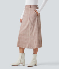 High Waisted A Line Houndstooth Plaid Midi Work Skirt with Pockets