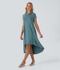 Round Neck Short Sleeve Pocket High Low Flowy Midi Casual Dress