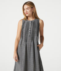 Round Neck Sleeveless Plaid Midi Casual Linen-Feel Dress with Pockets