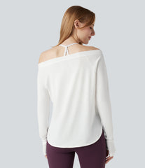 Off Shoulder Long Sleeve Thumb Hole Curved Hem Yoga Sports Top