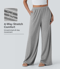 High Stretch Ribbed Low Rise Drawstring Wide Leg Flowy Casual Pants with Pockets