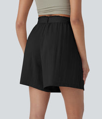 High Waisted Belted Casual Linen-Feel Bermuda Shorts with Pockets
