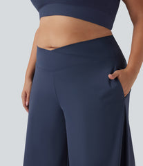 SoftlyZero™ Airy Crossover High Waisted Wide Leg InstantCool Yoga Pedal Pusher Plus Size Pants with Pockets