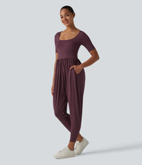 SoftlyZero™ Airy Scoop Neck Short Sleeve Built-in Bra InstantCool Casual Jumpsuit with Pockets-Easy Peezy Edition