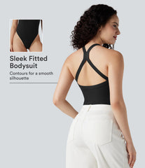 Ribbed Crisscross Back V-Neck Sleeveless Skinny Casual Bodysuit