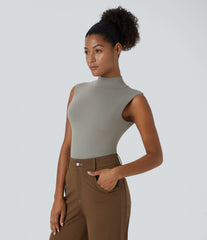 Stand Collar Sleeveless Plain Casual Bodysuit