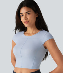 Ribbed Knit Round Neck Short Sleeve Cropped Yoga Sports Top