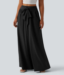 Breezeful™ High Waisted Shirred Tie Front Flowy Quick Dry Baggy Pants with Pockets