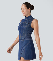 Halara Flex™ Stand Collar Zipper InstantCool Washed Denim Tennis Tank Top