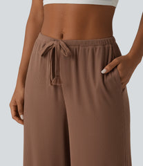 High Stretch Ribbed Knit Mid Rise Drawstring Baggy Casual Pants with Pockets