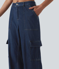 Halara Flex™ Mid Rise Draped Lyocell Washed Casual Straight Leg Cargo Jeans with Pockets