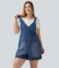 Plus Size Halara Flex™ V Neck Rolled Hem Washed Denim Casual Short Overalls with Pockets