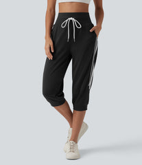 High Waisted Drawstring Stripe Capri Casual Joggers with Pockets