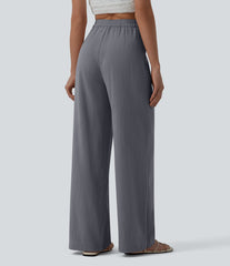 High Waisted Zip Hem Wide Leg Casual Linen-Feel Pants with Pockets