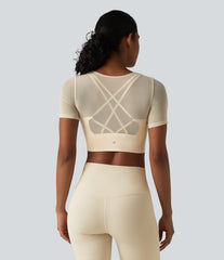 Contrast Mesh Short Sleeve 2-in-1 Cropped Yoga Sports Top