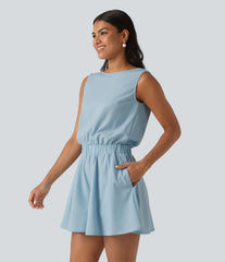 Boat Neck Sleeveless Casual Chiffon Romper with Pockets-Easy Peezy Edition