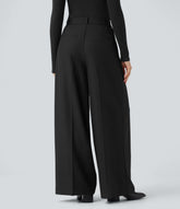 High Waisted Wide Leg Work Linen-Feel Pants with Pockets