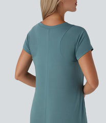Round Neck Short Sleeve Pocket High Low Flowy Midi Casual Dress