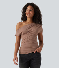 Ribbed One Shoulder Short Sleeve Casual Top