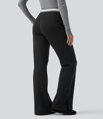High Waisted Drawstring Color Block Split Hem Fleece Casual Cotton Flare Pants with Pockets