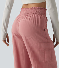 High Waisted Shirred Linen-Feel Casual Cargo Joggers with Pockets
