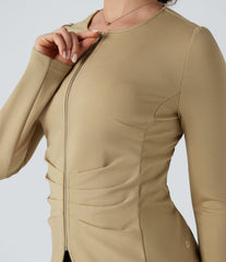 Round Neck Long Sleeve Ruched Zip Fly Work Blazer