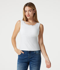 Ribbed Knit Scoop Neck U-back Contrast Lace Built-in Bra Casual Tank Top