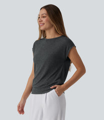 Ribbed Knit Round Neck Cap Sleeve Work Wool-Blend Top