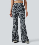 High Waisted Leopard Waffle Flare Casual Pants with Pockets